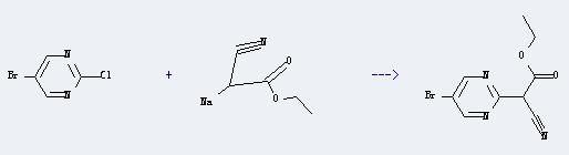 5-bromo-2-chloro-pyrimidine could react with cyanoacetic acid ethyl ester; sodium enolate to produce 2-Pyrimidineaceticacid, 5-bromo-a-cyano-,ethyl ester.
